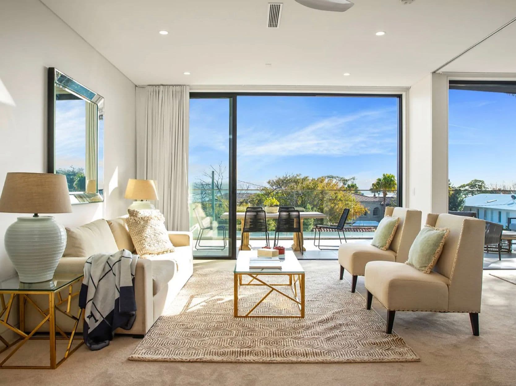 Sydney living room with custom sheer window furnishings
